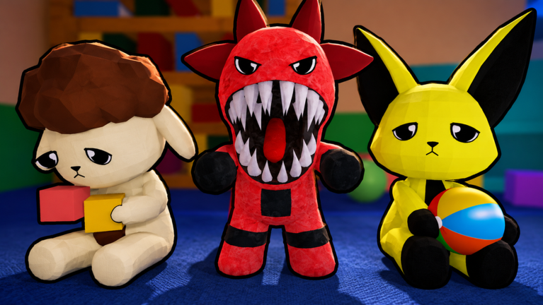 Art officiel d'Animal Daycare : trois créatures en peluche dans la salle de jeu de la crèche — un agneau blanc triste tenant un cube, un monstre rouge cornu qui montre les dents et un lapin jaune qui câline un ballon de plage